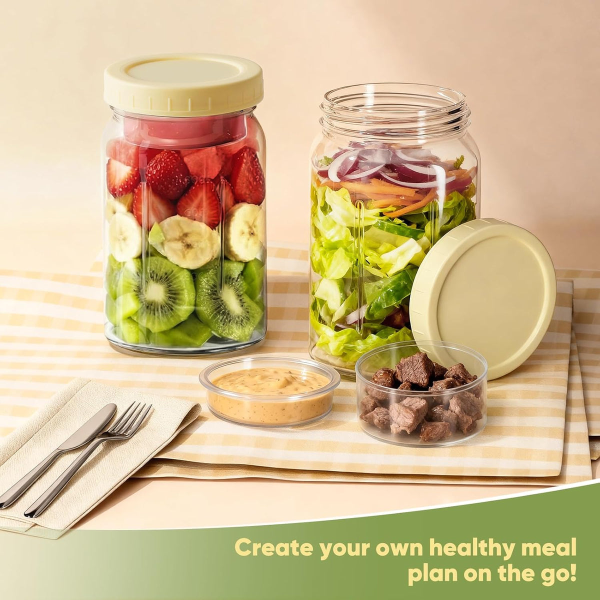 4 Pack 32OZ Glass Salad Jars Container with Dressing Cup for meal prep