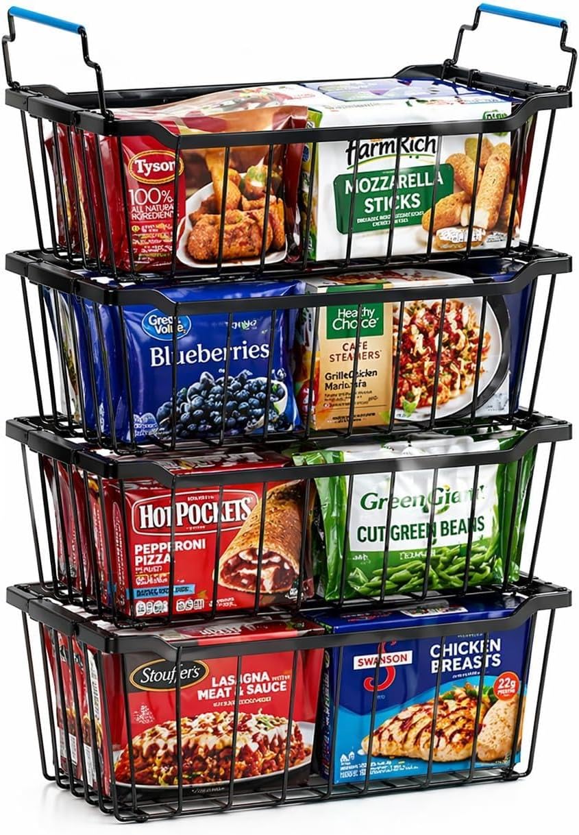 Chest Freezer Organizer Bins, Black Metal, 4-Pack | Stackable Baskets, For 5-7 Cu. FT Chest Freezer, Sort Frozen Meats and Food