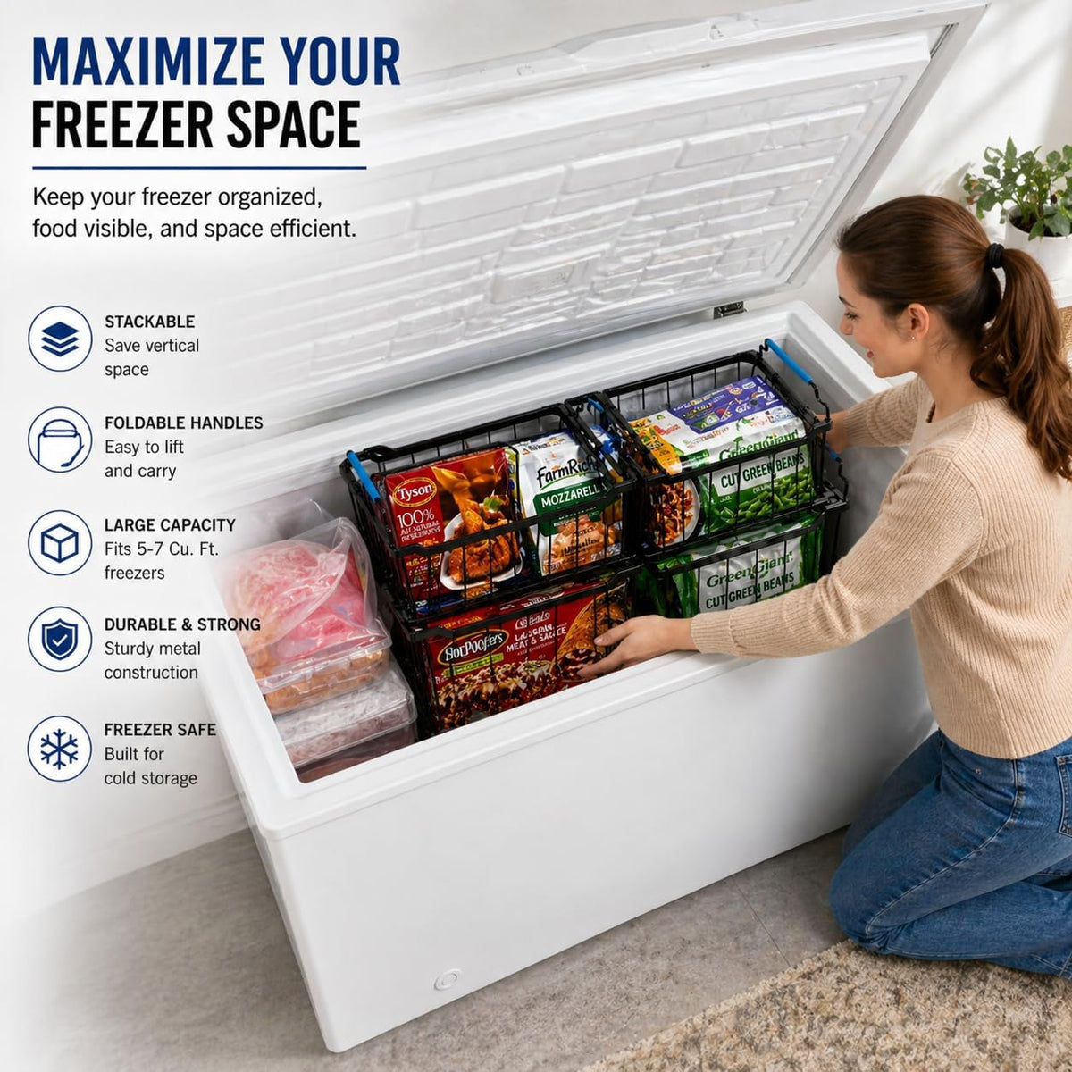 Chest Freezer Organizer Bins, Black Metal, 4-Pack | Stackable Baskets, For 5-7 Cu. FT Chest Freezer, Sort Frozen Meats and Food