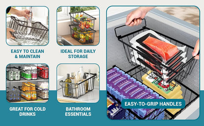 Chest Freezer Organizer Bins, Black Metal, 4-Pack | Stackable Baskets, For 5-7 Cu. FT Chest Freezer, Sort Frozen Meats and Food
