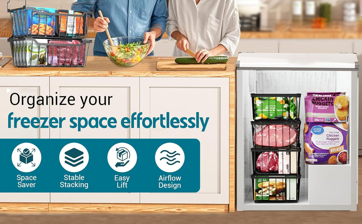 Chest Freezer Organizer Bins, Black Metal, 4-Pack | Stackable Baskets, For 5-7 Cu. FT Chest Freezer, Sort Frozen Meats and Food