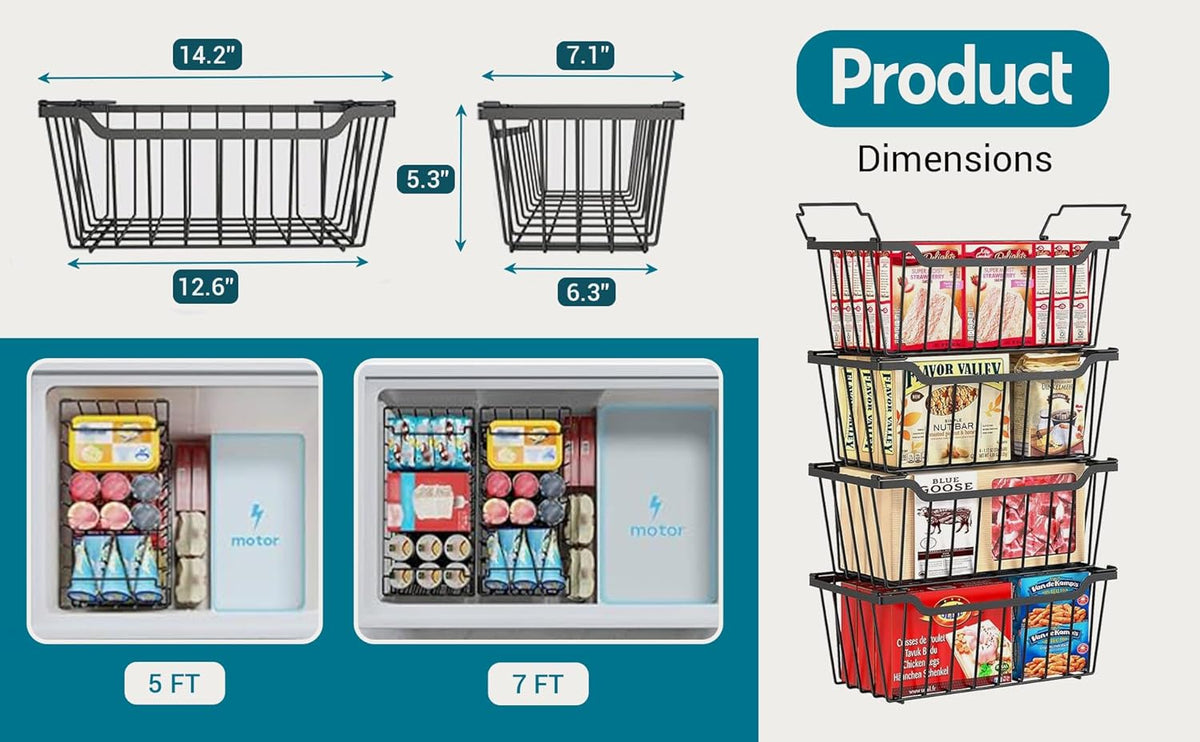 Chest Freezer Organizer Bins, Black Metal, 4-Pack | Stackable Baskets, For 5-7 Cu. FT Chest Freezer, Sort Frozen Meats and Food