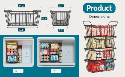 Chest Freezer Organizer Bins, Black Metal, 4-Pack | Stackable Baskets, For 5-7 Cu. FT Chest Freezer, Sort Frozen Meats and Food