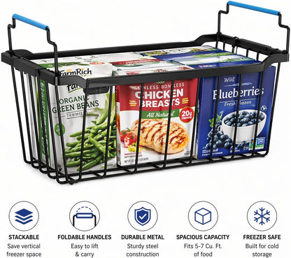 Chest Freezer Organizer Bins, Black Metal, 4-Pack | Stackable Baskets, For 5-7 Cu. FT Chest Freezer, Sort Frozen Meats and Food