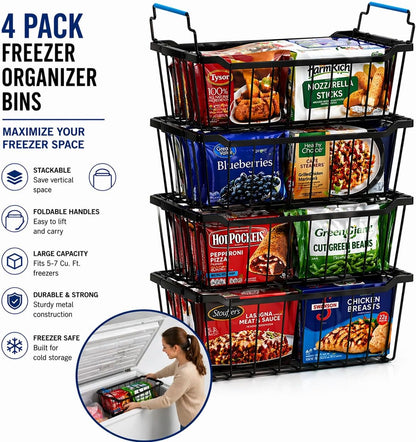 Chest Freezer Organizer Bins, Black Metal, 4-Pack | Stackable Baskets, For 5-7 Cu. FT Chest Freezer, Sort Frozen Meats and Food
