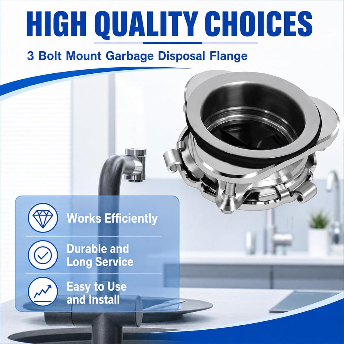 Garbage Disposal Flange Kit, 3-Bolt Stainless Steel for 3-1/2" Sink Opening