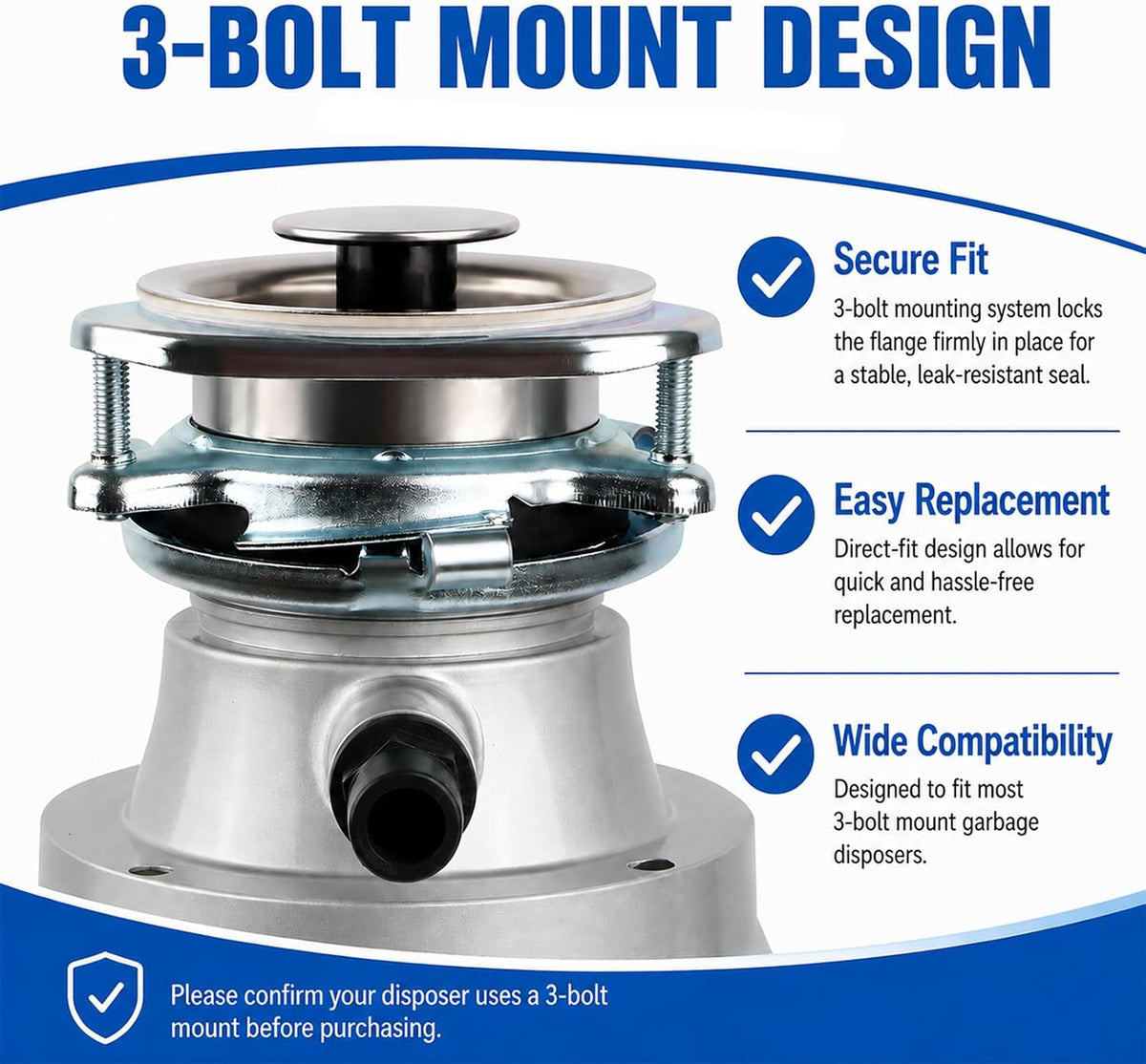 Garbage Disposal Flange Kit, 3-Bolt Stainless Steel for 3-1/2" Sink Opening