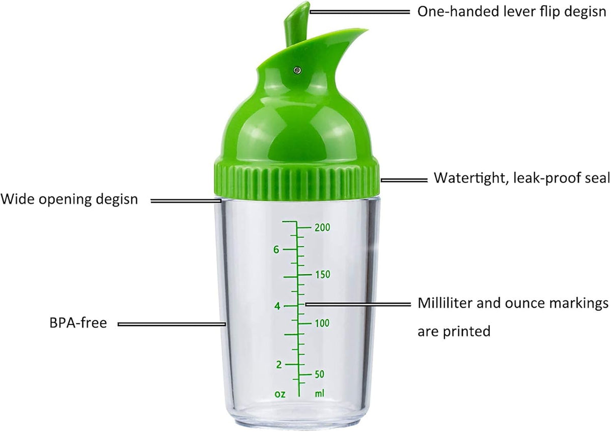 Salad Dressing Shaker Container, Homemade Salad Dressing Bottle Mixer Measure,Dripless Pour, Soft Grip, BPA Free（2 Pcs）