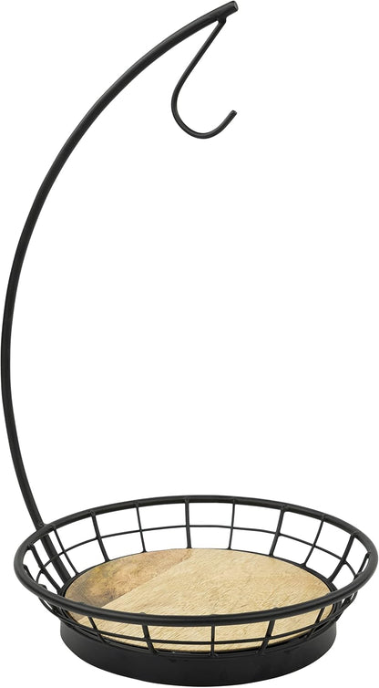 Madison Fruit Bowl and Banana Hanger Hook for Fresh Food Vegetables Bread & Snacks, Farmhouse Kitchen Countertop Wooden Base Fruit Basket Produce Saver and Banana Holder, Black