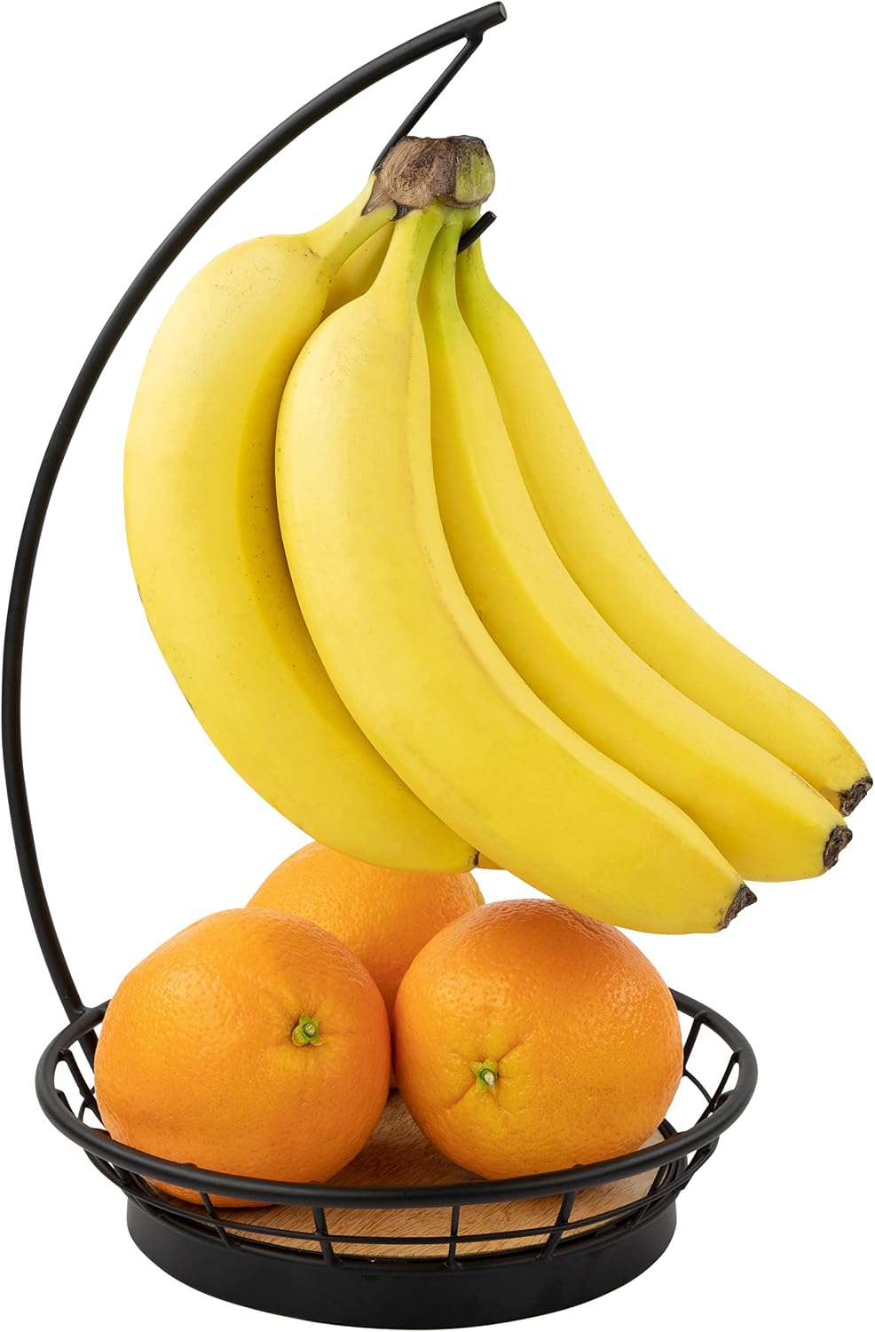 Madison Fruit Bowl and Banana Hanger Hook for Fresh Food Vegetables Bread & Snacks, Farmhouse Kitchen Countertop Wooden Base Fruit Basket Produce Saver and Banana Holder, Black