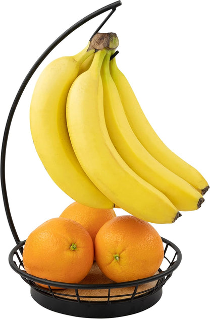 Madison Fruit Bowl and Banana Hanger Hook for Fresh Food Vegetables Bread & Snacks, Farmhouse Kitchen Countertop Wooden Base Fruit Basket Produce Saver and Banana Holder, Black