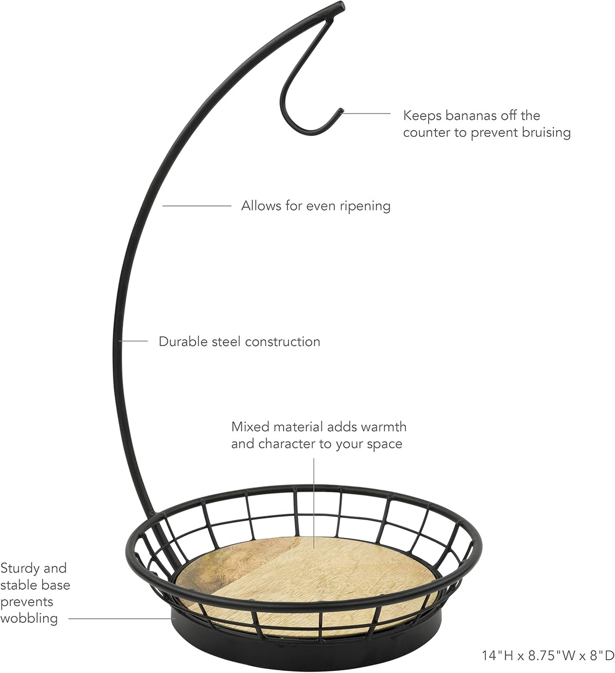 Madison Fruit Bowl and Banana Hanger Hook for Fresh Food Vegetables Bread & Snacks, Farmhouse Kitchen Countertop Wooden Base Fruit Basket Produce Saver and Banana Holder, Black
