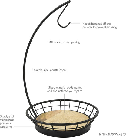 Madison Fruit Bowl and Banana Hanger Hook for Fresh Food Vegetables Bread & Snacks, Farmhouse Kitchen Countertop Wooden Base Fruit Basket Produce Saver and Banana Holder, Black