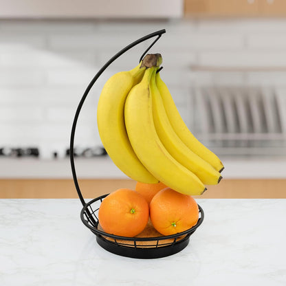 Madison Fruit Bowl and Banana Hanger Hook for Fresh Food Vegetables Bread & Snacks, Farmhouse Kitchen Countertop Wooden Base Fruit Basket Produce Saver and Banana Holder, Black