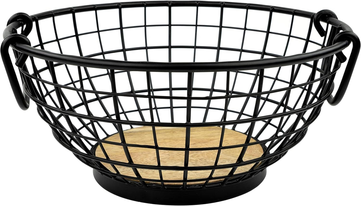 Madison Fruit Bowl and Banana Hanger Hook for Fresh Food Vegetables Bread & Snacks, Farmhouse Kitchen Countertop Wooden Base Fruit Basket Produce Saver and Banana Holder, Black