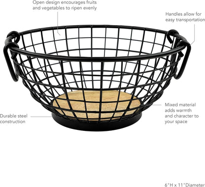 Madison Fruit Bowl and Banana Hanger Hook for Fresh Food Vegetables Bread & Snacks, Farmhouse Kitchen Countertop Wooden Base Fruit Basket Produce Saver and Banana Holder, Black