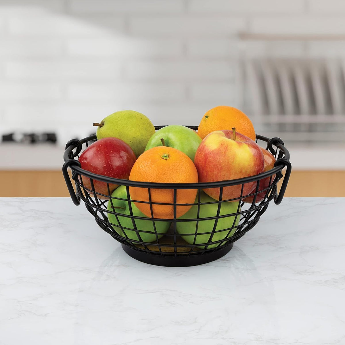 Madison Fruit Bowl and Banana Hanger Hook for Fresh Food Vegetables Bread & Snacks, Farmhouse Kitchen Countertop Wooden Base Fruit Basket Produce Saver and Banana Holder, Black