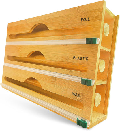 3-in-1 Bamboo Wrap Organizer with Cutters, Labels, Interior Holders, Anti-Slip Pads - Kitchen Drawer, Pantry, Storage for Plastic Wrap, Aluminum Foil, Wax Paper, Kitchen Storage, 12" Roll Holder