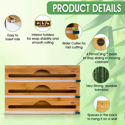 3-in-1 Bamboo Wrap Organizer with Cutters, Labels, Interior Holders, Anti-Slip Pads - Kitchen Drawer, Pantry, Storage for Plastic Wrap, Aluminum Foil, Wax Paper, Kitchen Storage, 12" Roll Holder