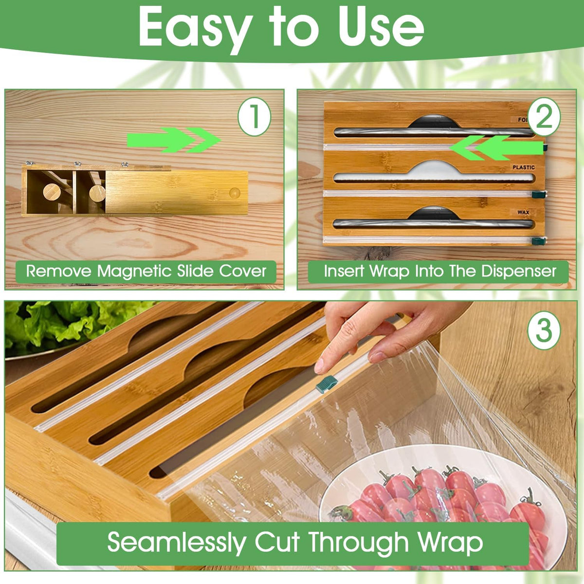 3-in-1 Bamboo Wrap Organizer with Cutters, Labels, Interior Holders, Anti-Slip Pads - Kitchen Drawer, Pantry, Storage for Plastic Wrap, Aluminum Foil, Wax Paper, Kitchen Storage, 12" Roll Holder