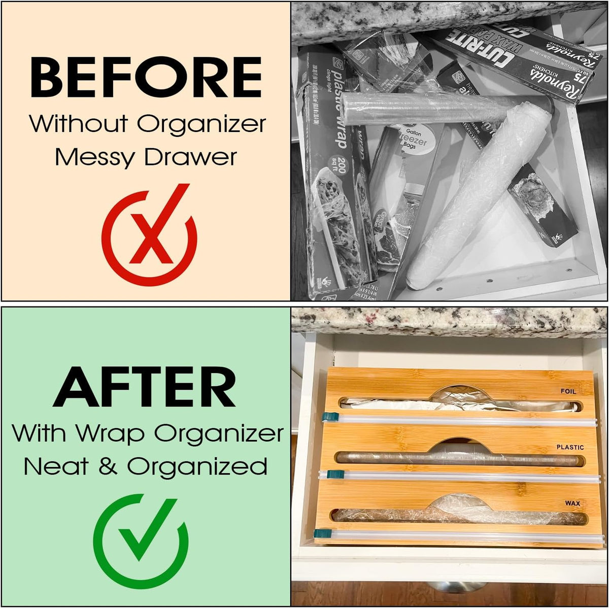3-in-1 Bamboo Wrap Organizer with Cutters, Labels, Interior Holders, Anti-Slip Pads - Kitchen Drawer, Pantry, Storage for Plastic Wrap, Aluminum Foil, Wax Paper, Kitchen Storage, 12" Roll Holder