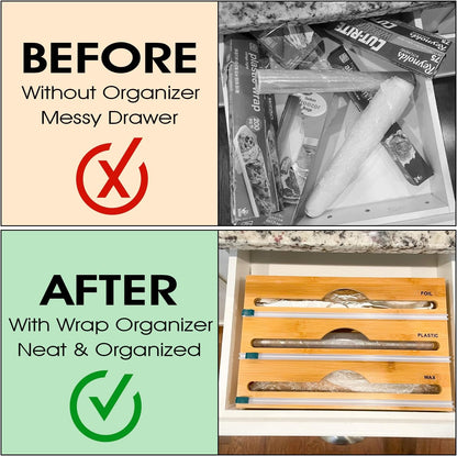 3-in-1 Bamboo Wrap Organizer with Cutters, Labels, Interior Holders, Anti-Slip Pads - Kitchen Drawer, Pantry, Storage for Plastic Wrap, Aluminum Foil, Wax Paper, Kitchen Storage, 12" Roll Holder