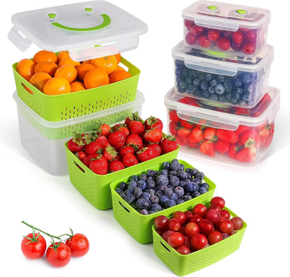 Fruit Storage Containers for Fridge - Set of 4 - Airtight Lid Keeps Fresh - For Fruit & Vegetable Storage - Space-Saving Design - Ideal for Produce, Berries, Snacks - Green