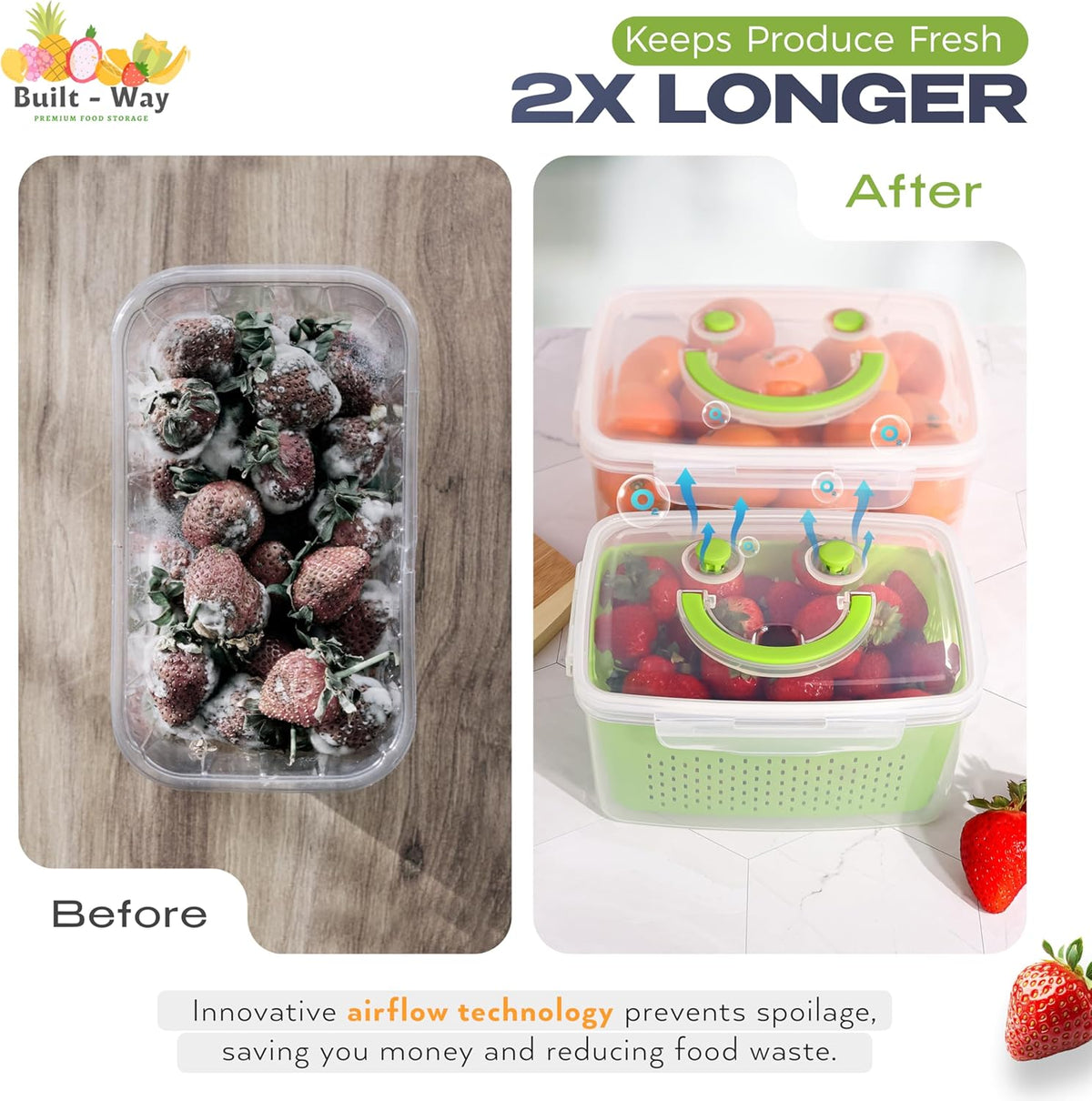 Fruit Storage Containers for Fridge - Set of 4 - Airtight Lid Keeps Fresh - For Fruit & Vegetable Storage - Space-Saving Design - Ideal for Produce, Berries, Snacks - Green