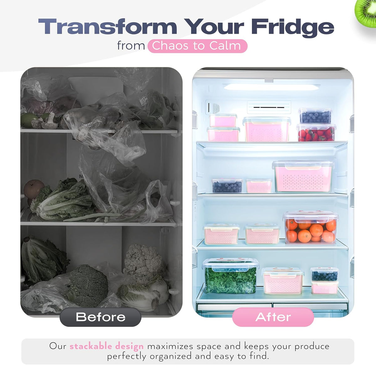 Fruit Storage Containers for Fridge - Set of 4 - Airtight Lid Keeps Fresh - For Fruit & Vegetable Storage - Space-Saving Design - Ideal for Produce, Berries, Snacks - Green
