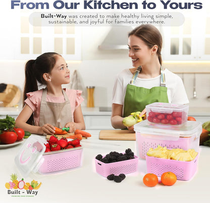 Fruit Storage Containers for Fridge - Set of 4 - Airtight Lid Keeps Fresh - For Fruit & Vegetable Storage - Space-Saving Design - Ideal for Produce, Berries, Snacks - Green