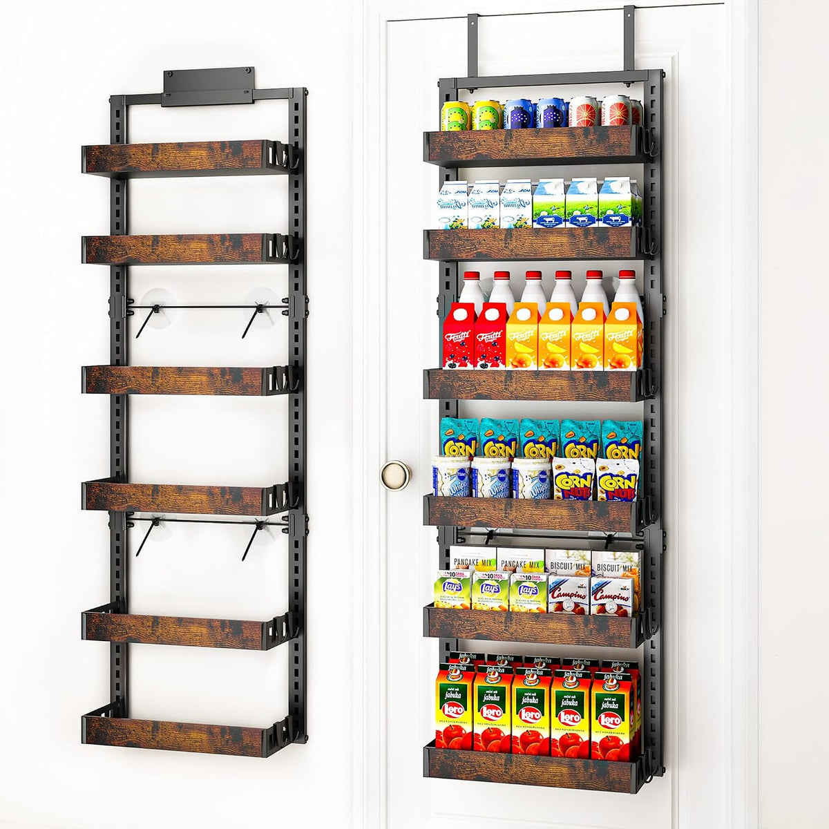 Over the Door Pantry Organizer, 6-Tier Adjustable Basket Spice Rack | 2-IN-1 Door & Wall Mounted, Heavy Duty Metal Storage Shelf, 12 Hooks, Behind Door Organizer for Kitchen, Bathroom, Closet