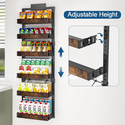 Over the Door Pantry Organizer, 6-Tier Adjustable Basket Spice Rack | 2-IN-1 Door & Wall Mounted, Heavy Duty Metal Storage Shelf, 12 Hooks, Behind Door Organizer for Kitchen, Bathroom, Closet
