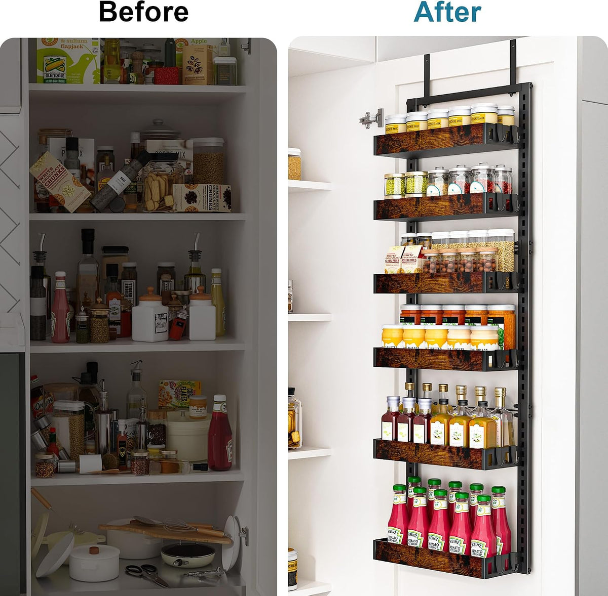 Over the Door Pantry Organizer, 6-Tier Adjustable Basket Spice Rack | 2-IN-1 Door & Wall Mounted, Heavy Duty Metal Storage Shelf, 12 Hooks, Behind Door Organizer for Kitchen, Bathroom, Closet