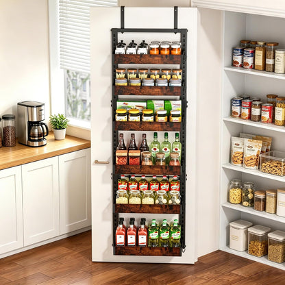 Over the Door Pantry Organizer, 6-Tier Adjustable Basket Spice Rack | 2-IN-1 Door & Wall Mounted, Heavy Duty Metal Storage Shelf, 12 Hooks, Behind Door Organizer for Kitchen, Bathroom, Closet