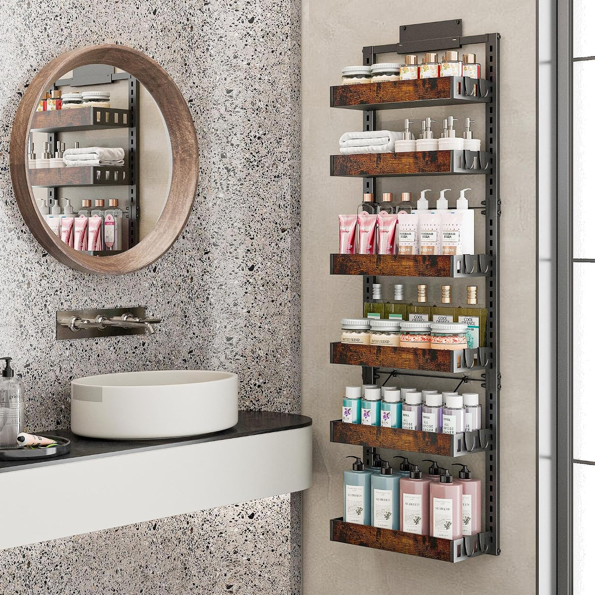 Over the Door Pantry Organizer, 6-Tier Adjustable Basket Spice Rack | 2-IN-1 Door & Wall Mounted, Heavy Duty Metal Storage Shelf, 12 Hooks, Behind Door Organizer for Kitchen, Bathroom, Closet
