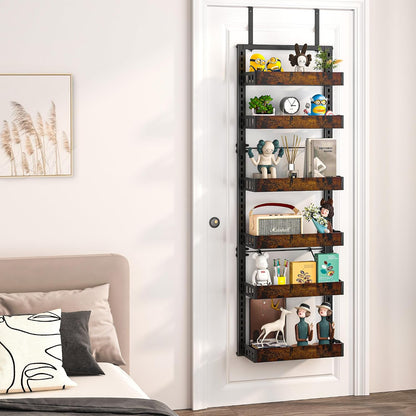 Over the Door Pantry Organizer, 6-Tier Adjustable Basket Spice Rack | 2-IN-1 Door & Wall Mounted, Heavy Duty Metal Storage Shelf, 12 Hooks, Behind Door Organizer for Kitchen, Bathroom, Closet