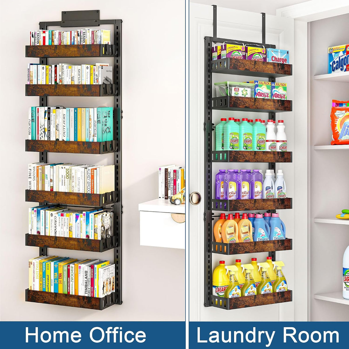 Over the Door Pantry Organizer, 6-Tier Adjustable Basket Spice Rack | 2-IN-1 Door & Wall Mounted, Heavy Duty Metal Storage Shelf, 12 Hooks, Behind Door Organizer for Kitchen, Bathroom, Closet