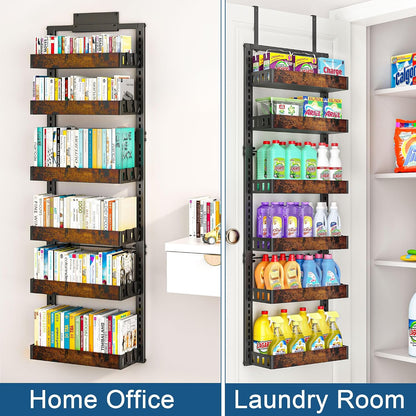 Over the Door Pantry Organizer, 6-Tier Adjustable Basket Spice Rack | 2-IN-1 Door & Wall Mounted, Heavy Duty Metal Storage Shelf, 12 Hooks, Behind Door Organizer for Kitchen, Bathroom, Closet