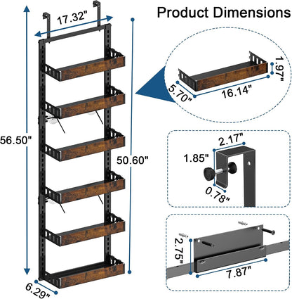 Over the Door Pantry Organizer, 6-Tier Adjustable Basket Spice Rack | 2-IN-1 Door & Wall Mounted, Heavy Duty Metal Storage Shelf, 12 Hooks, Behind Door Organizer for Kitchen, Bathroom, Closet