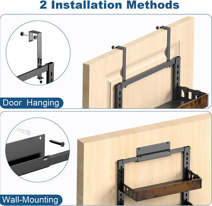 Over the Door Pantry Organizer, 6-Tier Adjustable Basket Spice Rack | 2-IN-1 Door & Wall Mounted, Heavy Duty Metal Storage Shelf, 12 Hooks, Behind Door Organizer for Kitchen, Bathroom, Closet