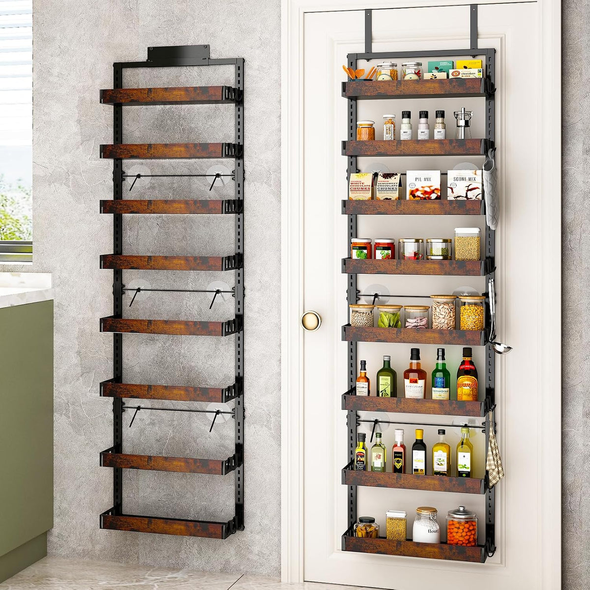 Over the Door Pantry Organizer, 6-Tier Adjustable Basket Spice Rack | 2-IN-1 Door & Wall Mounted, Heavy Duty Metal Storage Shelf, 12 Hooks, Behind Door Organizer for Kitchen, Bathroom, Closet