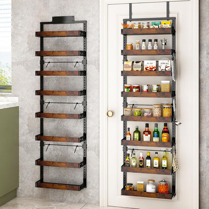 Over the Door Pantry Organizer, 6-Tier Adjustable Basket Spice Rack | 2-IN-1 Door & Wall Mounted, Heavy Duty Metal Storage Shelf, 12 Hooks, Behind Door Organizer for Kitchen, Bathroom, Closet