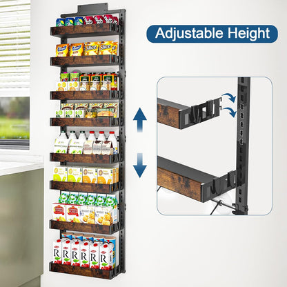 Over the Door Pantry Organizer, 6-Tier Adjustable Basket Spice Rack | 2-IN-1 Door & Wall Mounted, Heavy Duty Metal Storage Shelf, 12 Hooks, Behind Door Organizer for Kitchen, Bathroom, Closet