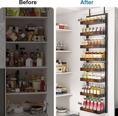 Over the Door Pantry Organizer, 6-Tier Adjustable Basket Spice Rack | 2-IN-1 Door & Wall Mounted, Heavy Duty Metal Storage Shelf, 12 Hooks, Behind Door Organizer for Kitchen, Bathroom, Closet