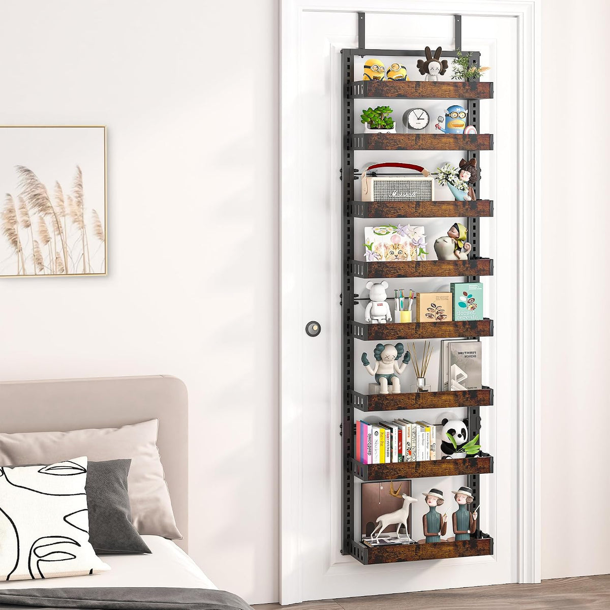 Over the Door Pantry Organizer, 6-Tier Adjustable Basket Spice Rack | 2-IN-1 Door & Wall Mounted, Heavy Duty Metal Storage Shelf, 12 Hooks, Behind Door Organizer for Kitchen, Bathroom, Closet