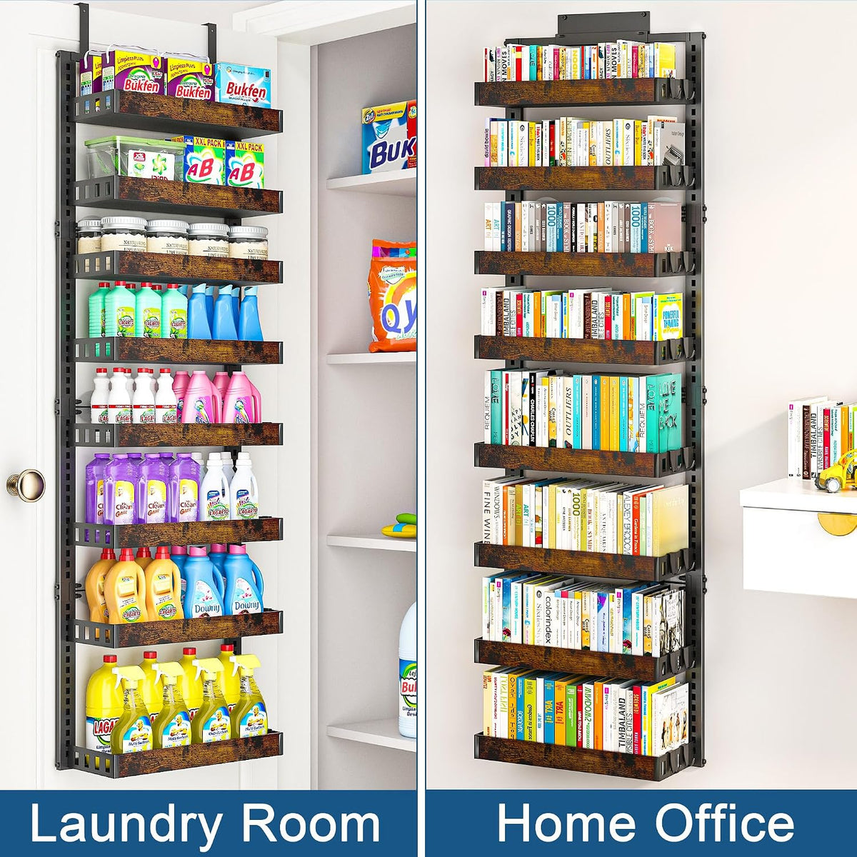 Over the Door Pantry Organizer, 6-Tier Adjustable Basket Spice Rack | 2-IN-1 Door & Wall Mounted, Heavy Duty Metal Storage Shelf, 12 Hooks, Behind Door Organizer for Kitchen, Bathroom, Closet