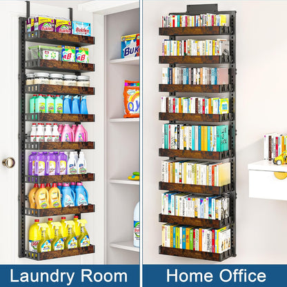 Over the Door Pantry Organizer, 6-Tier Adjustable Basket Spice Rack | 2-IN-1 Door & Wall Mounted, Heavy Duty Metal Storage Shelf, 12 Hooks, Behind Door Organizer for Kitchen, Bathroom, Closet