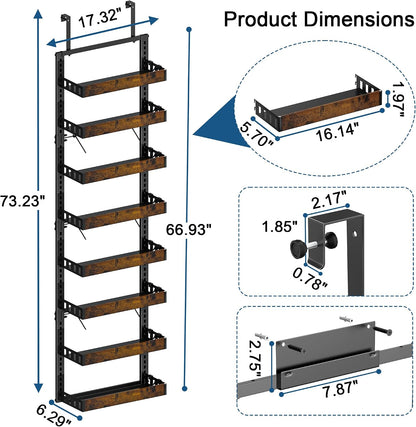 Over the Door Pantry Organizer, 6-Tier Adjustable Basket Spice Rack | 2-IN-1 Door & Wall Mounted, Heavy Duty Metal Storage Shelf, 12 Hooks, Behind Door Organizer for Kitchen, Bathroom, Closet