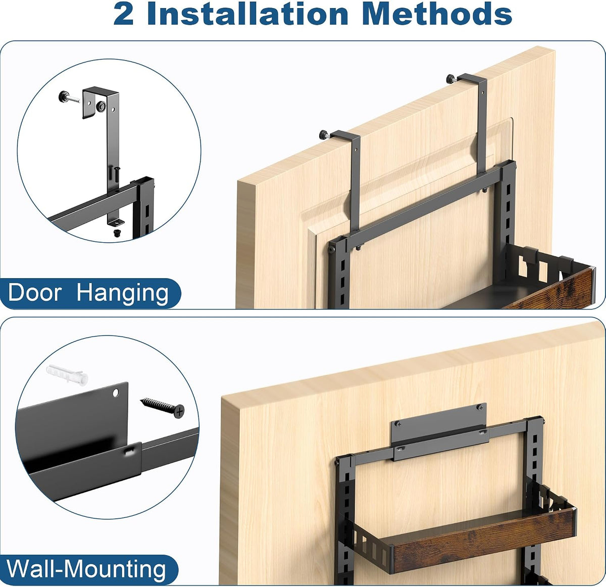 Over the Door Pantry Organizer, 6-Tier Adjustable Basket Spice Rack | 2-IN-1 Door & Wall Mounted, Heavy Duty Metal Storage Shelf, 12 Hooks, Behind Door Organizer for Kitchen, Bathroom, Closet