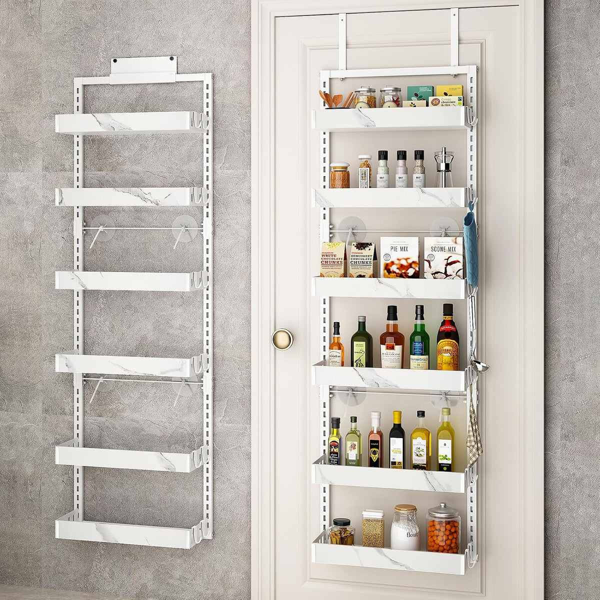 Over the Door Pantry Organizer, 6-Tier Adjustable Basket Spice Rack | 2-IN-1 Door & Wall Mounted, Heavy Duty Metal Storage Shelf, 12 Hooks, Behind Door Organizer for Kitchen, Bathroom, Closet